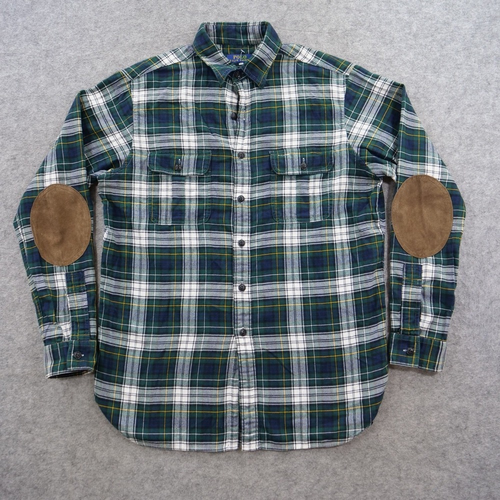 Polo Ralph Lauren Shirt Mens Medium Green Plaid Button Up Flannel Elbow Patches